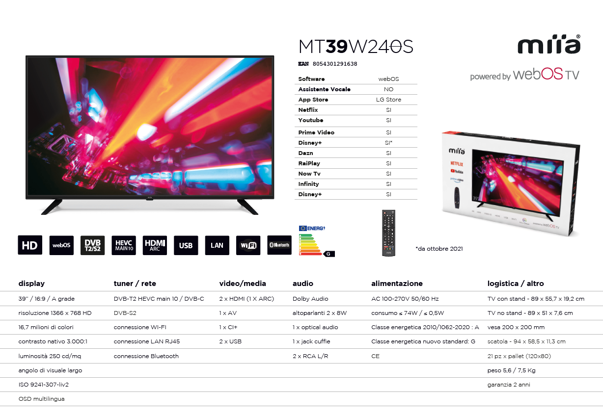 Miia MT39W240S Smart TV 39" HD - 16,7 milioni di colori